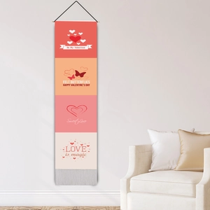 Vertical Valentine's Day wall tapestry with color blocks, heart patterns and tassels