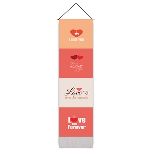 Detail of hanging Valentine wall tapestry with wooden pole and white bottom tassels