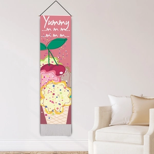 Vertical ice cream wall tapestry with pink background and tassels for home decor