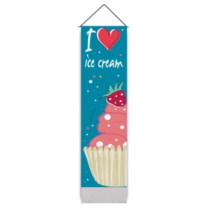 Detail of fabric wall hanging showing I love ice cream graphic and strawberry topping