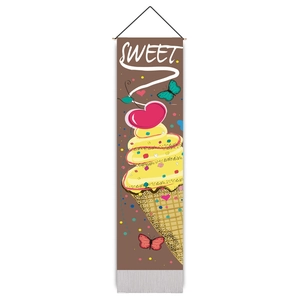 Detailed view of a brown Christmas ice cream wall hanging with SWEET text and tassels