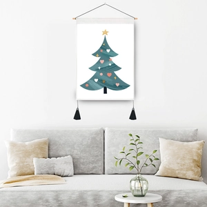 Modern Christmas tree wall tapestry with wooden hanger and black tassels for home decor