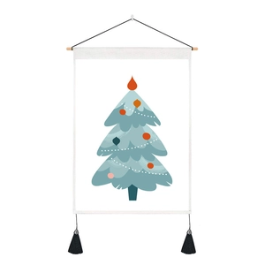 Blue hand-painted Christmas tree wall tapestry with wooden hanger and black tassels
