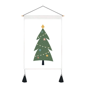 Christmas tree wall tapestry with wooden rod and black tassels on white background