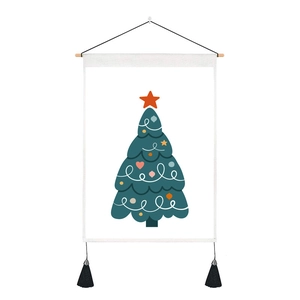 Detail of Christmas tree tapestry with wooden hanging rod and elegant black tassels