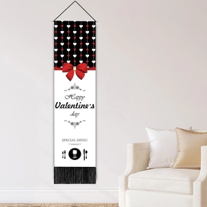 Vertical Valentine's Day bear tapestry with Happy Valentine's Day text and black tassels