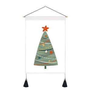 Detail of Christmas tree tapestry showing wood pole, black rope, and bottom tassels