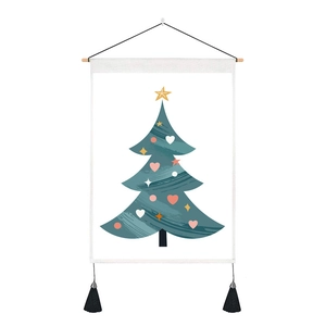 Detail of Christmas tree wall hanging with wooden pole, tassels, and artistic festive print