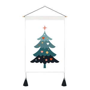 Detail of Nordic Christmas tree tapestry with wooden pole and handmade black tassels