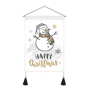 Hanging Christmas snowman tapestry with Happy Christmas text and wooden pole