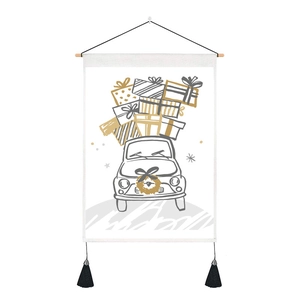 Detailed view of Christmas tapestry with cartoon car, wooden rod and black tassels