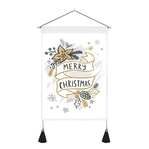 Close-up of Merry Christmas wall banner with gold snowflakes and black tassels decor