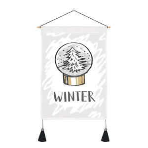 Winter snow globe tapestry with wooden pole and black tassels for wall decoration