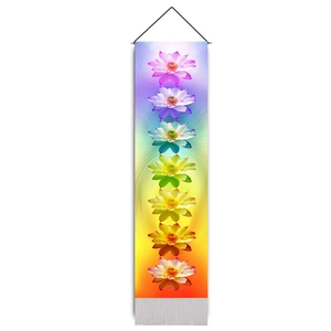 Vertical chakra tapestry featuring seven colorful lotus flowers with black hanging cord