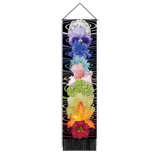 Vertical floral wall tapestry with colorful bloom patterns and black tassel details
