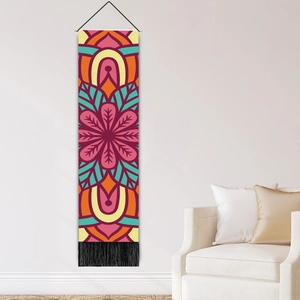 Vertical bohemian mandala wall tapestry with colorful patterns and black fringe tassels