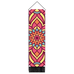 Vertical bohemian mandala tapestry with colorful geometric patterns and black bottom fringe