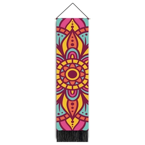 Vertical mandala tapestry detail with wooden pole, vibrant prints and black fringe trim