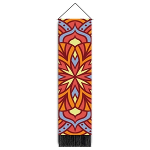 Detailed view of mandala tapestry with vibrant geometric patterns and black bottom tassels
