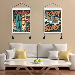 Vintage Wall Hanging Tapestry Retro American Illustration Style With Wooden Rod Tassels Tropical Hawaii Art For Home
