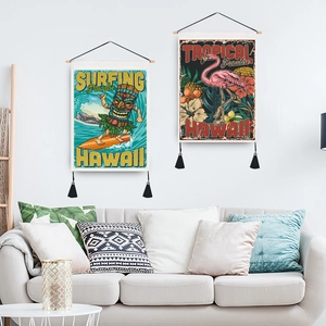 Nordic style wall tapestries with pink flamingo and Tiki surfing motifs with black tassels
