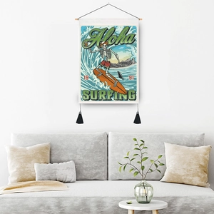 Nordic wall hanging tapestry featuring surfing skeleton design with wooden pole and tassels