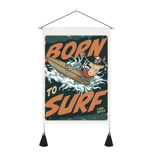 Nordic wall hanging tapestry with retro skeleton surfing design and long beach text