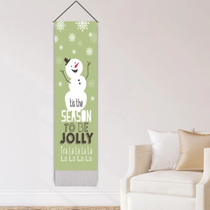 Christmas snowman wall hanging tapestry with green background and decorative tassels
