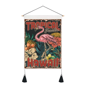 Tropical Flamingo wall tapestry with wooden rod and black tassels for room decor