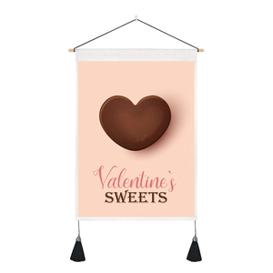 Valentine's Day heart chocolate tapestry with wood pole and black tassels for wall decor