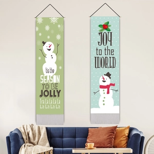 Christmas Wall Hanging Tapestry Cotton Linen Snowman Pattern Vertical Long Banner With Tassels Wooden Rod For Home Decor