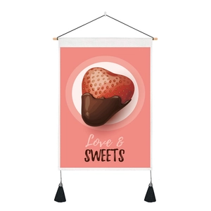 Valentine strawberry chocolate wall tapestry with wood rod and black tassel decor