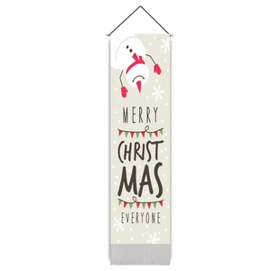 Close-up of a vertical Christmas snowman wall banner with Merry Christmas lettering