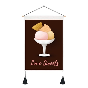 Detail of wall tapestry featuring Love Sweets dessert print with wood pole and tassels
