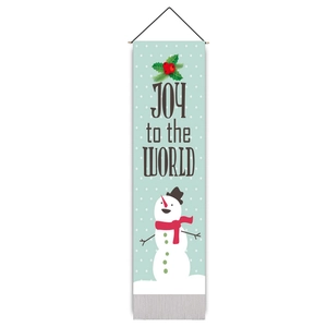 Christmas snowman hanging tapestry with Joy to the World typography and blue polka dots