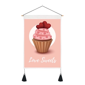 Detail of wall tapestry featuring Love Sweets heart cupcake and elegant tassels