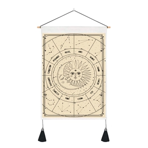 Tenture murale astrologique rétro avec signes du zodiaque, soleil et lune en bois