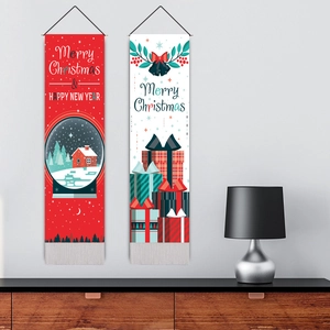 Christmas wall hanging tapestry with festive snow globe and gift patterns with tassels