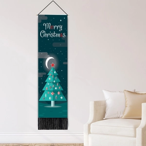Christmas tree wall tapestry with dark blue starry sky and elegant black fringe tassels