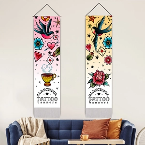 Vintage Old School Tattoo Wandteppich Wandbehang Polyester Baumwolle Stoff Poster Mit Holzstab Und Quasten Für Wohnzimmer Dekor