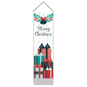 Vertical Christmas hanging banner with Merry Christmas text and festive gift box patterns