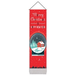 Red Christmas wall tapestry with snow globe illustration and silver tassels for holiday decor