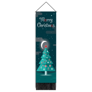 Detailed view of dark blue Christmas wall hanging featuring a stylized green tree and tassels