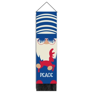 Nordic Christmas hanging banner featuring a cool cartoon gnome with tassels and PEACE text