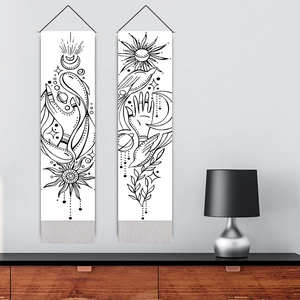 Minimalist bohemian wall tapestries with sun and moon celestial line art and tassels