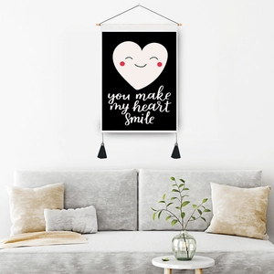 Minimalist black tapestry with heart print and wooden hanger for living room wall decor