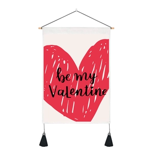 Valentine's Day wall tapestry with red heart be my valentine text and wooden hanging pole