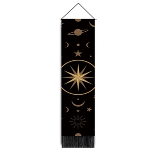 Detailed macro view of black celestial tapestry with sun, moon, and planet motifs