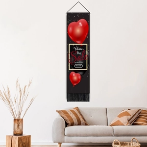 Vertical Valentine's Day wall tapestry with red heart balloon and tassel in modern living room