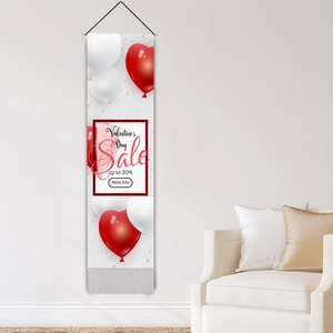 Vertical Valentine's Day wall banner with red balloons and sale lettering on white wall